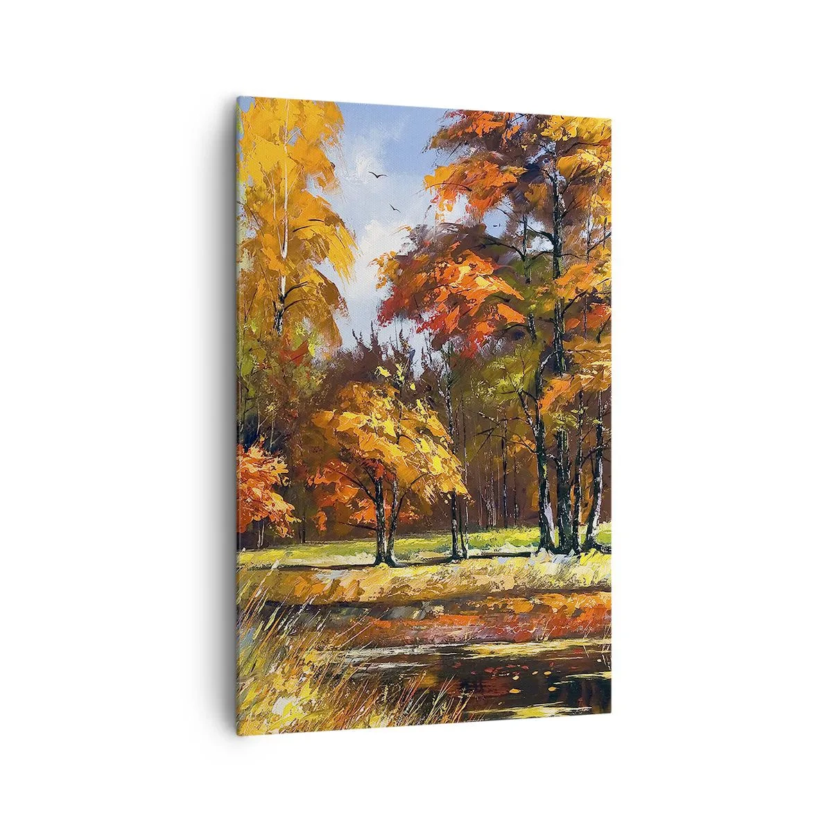 Bild auf Leinwand - Leinwandbild - Herbstlandschaft mit bunten Bäumen und einem Teich - 80x120cm - Landschaft in Gold und Bronze - Moderne Wanddekoration für Wohnzimmer und Schlafzimmer ARTTOR