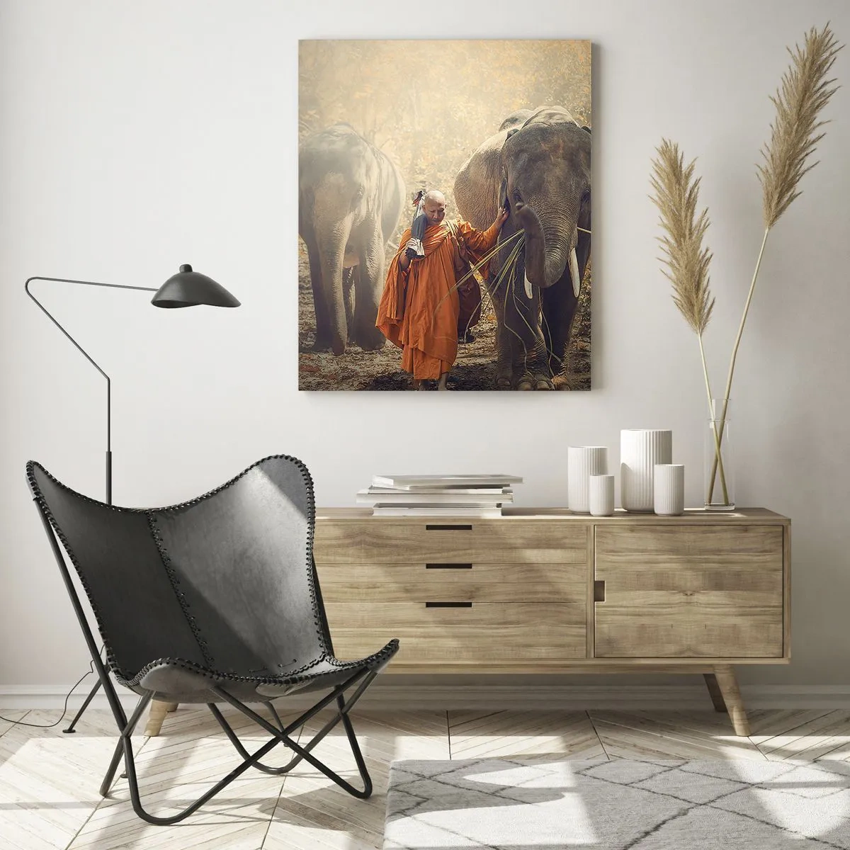 Glasbild - Bild auf glas - Ein Mönch mit zwei Elefanten in einer Waldkulisse - 50x70cm - Volles Verständnis - Moderne Wanddekoration für Wohnzimmer und Schlafzimmer ARTTOR