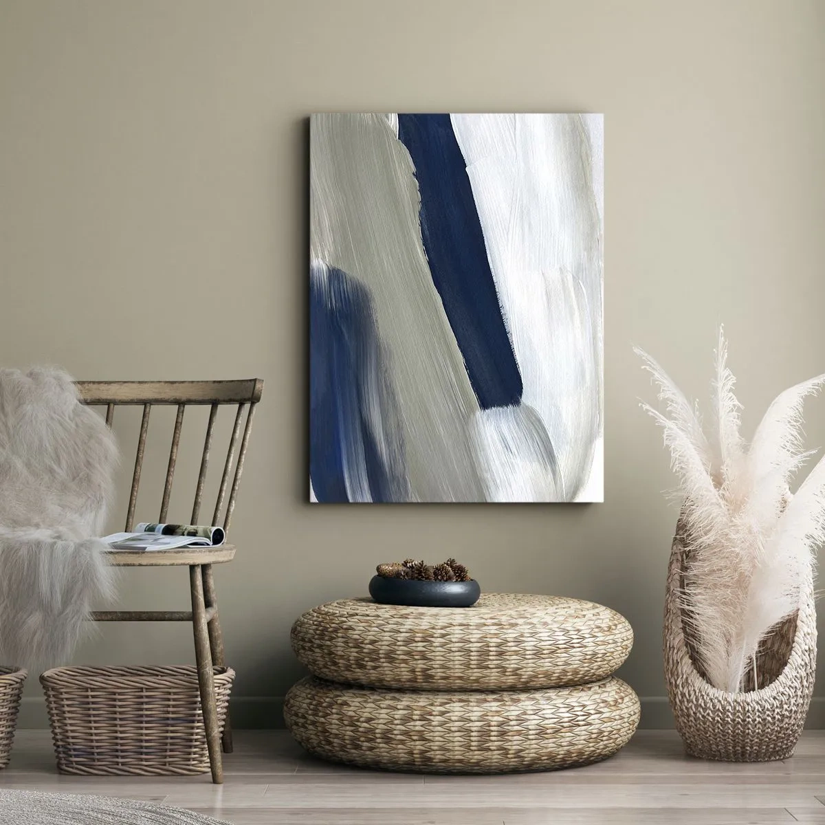 Bild auf Leinwand - Leinwandbild - Abstrakte Pinselstriche in Blau- und Grautönen - 80x120cm - Begegnung mit dem Weißsein - Moderne Wanddekoration für Wohnzimmer und Schlafzimmer ARTTOR