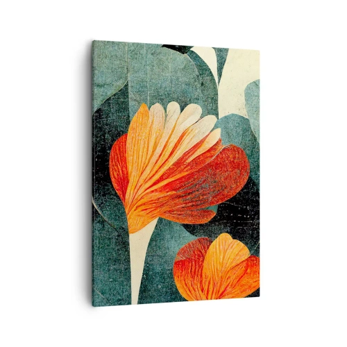 Bild auf Leinwand - Leinwandbild - Blüten in intensiven Orange- und Grüntönen - 50x70cm - Hitze der Tropen und Kühle des Grüns - Moderne Wanddekoration für Wohnzimmer und Schlafzimmer ARTTOR
