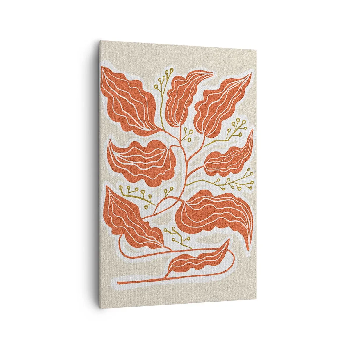 Bild auf Leinwand - Leinwandbild - Ein minimalistisches Blattmotiv in Orange- und Grüntönen. - 80x120cm - Im Folkstil und korallenartig - Moderne Wanddekoration für Wohnzimmer und Schlafzimmer ARTTOR