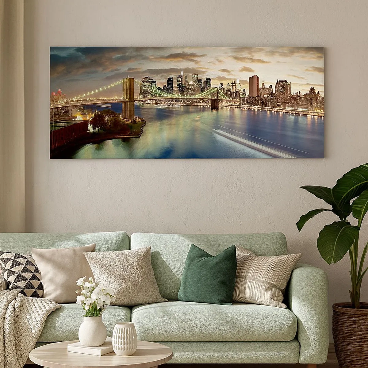 Bild auf Leinwand - Leinwandbild - Ein heller Abend über Manhattan - 100x40 cm