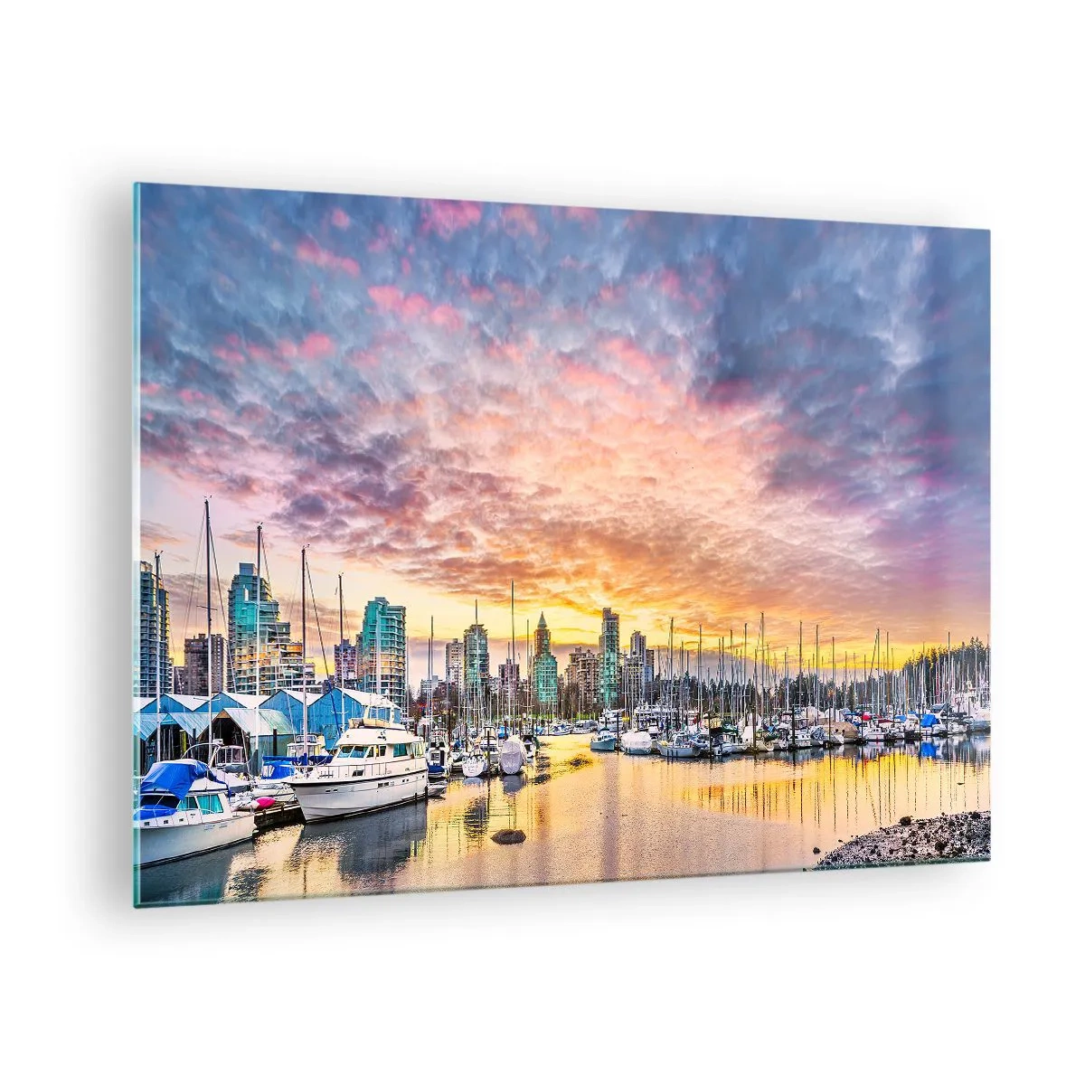 Glasbild - Bild auf glas - Sonnenuntergang über dem Yachthafen mit Booten und Wolkenkratzern - 70x50cm - Die Stadt der tausend Seefahrer - Moderne Wanddekoration für Wohnzimmer und Schlafzimmer ARTTOR
