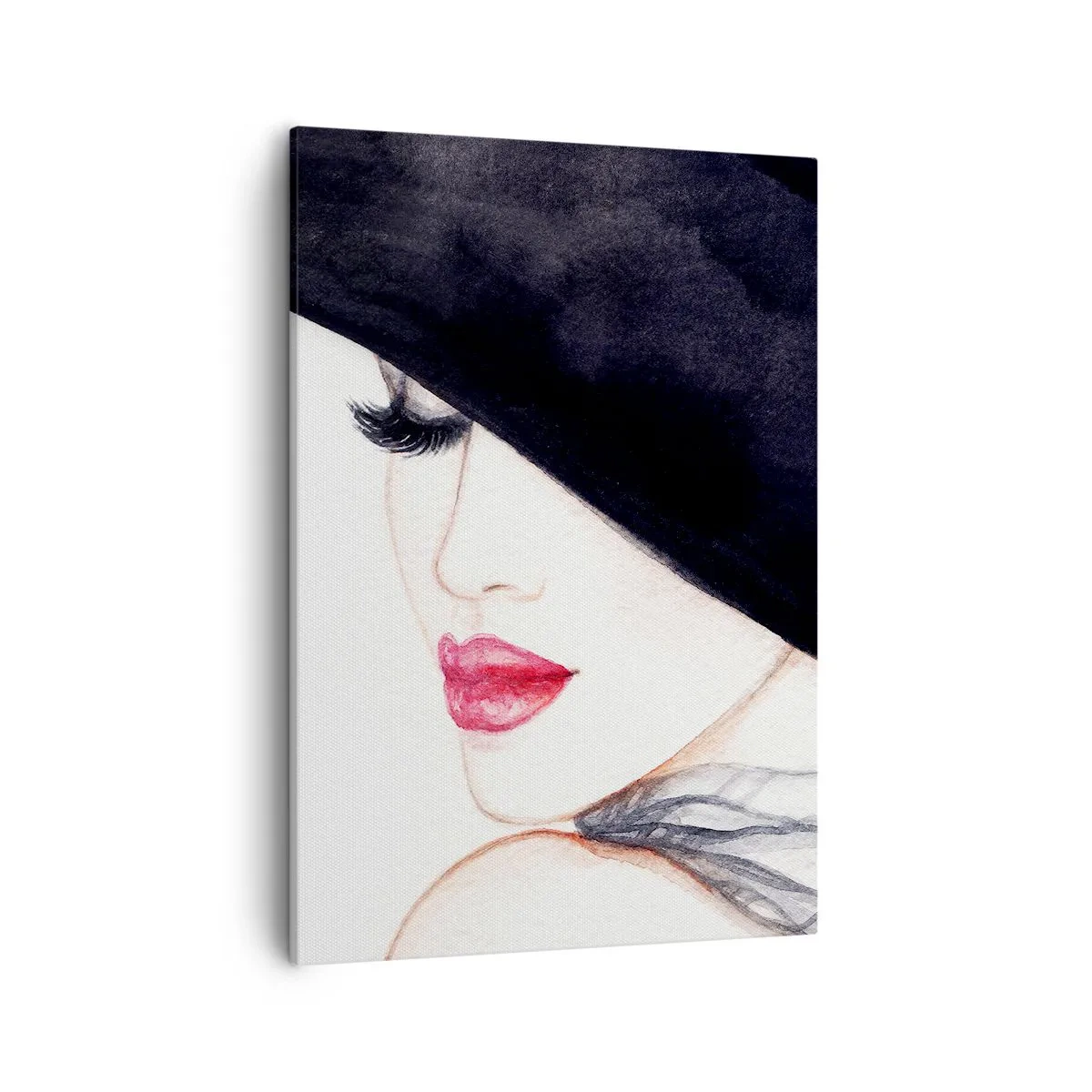 Bild auf Leinwand - Leinwandbild - Eine subtile Illustration einer Frau mit schwarzem Hut und roten Lippen - 50x70cm - Eleganz und Sinnlichkeit - Moderne Wanddekoration für Wohnzimmer und Schlafzimmer ARTTOR