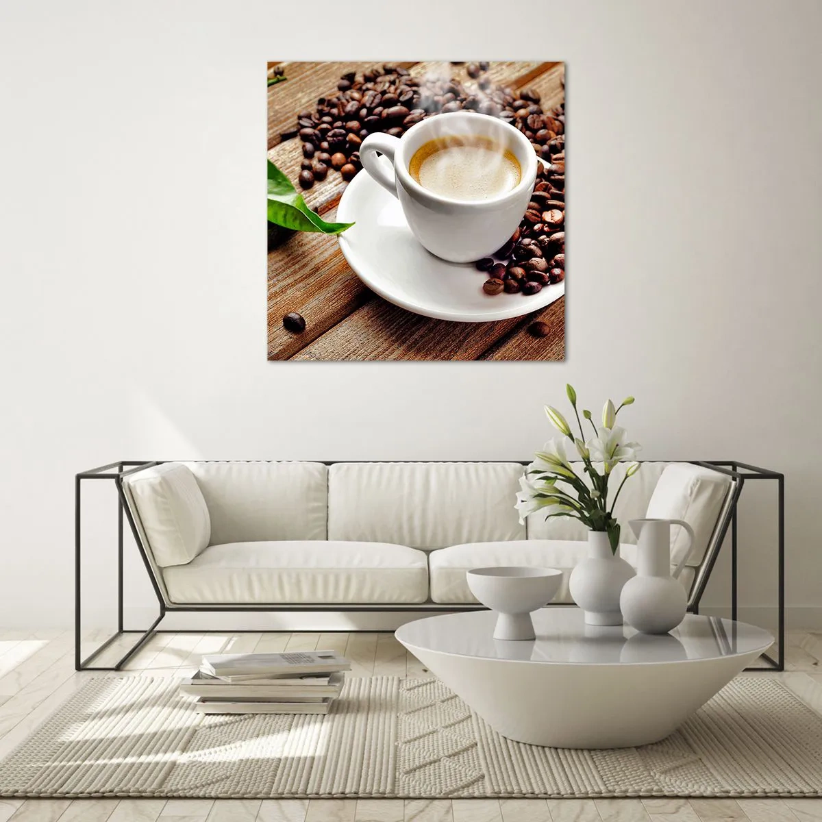 Glasbild - Bild auf glas - Kaffee auf der Bank - 70x70 cm