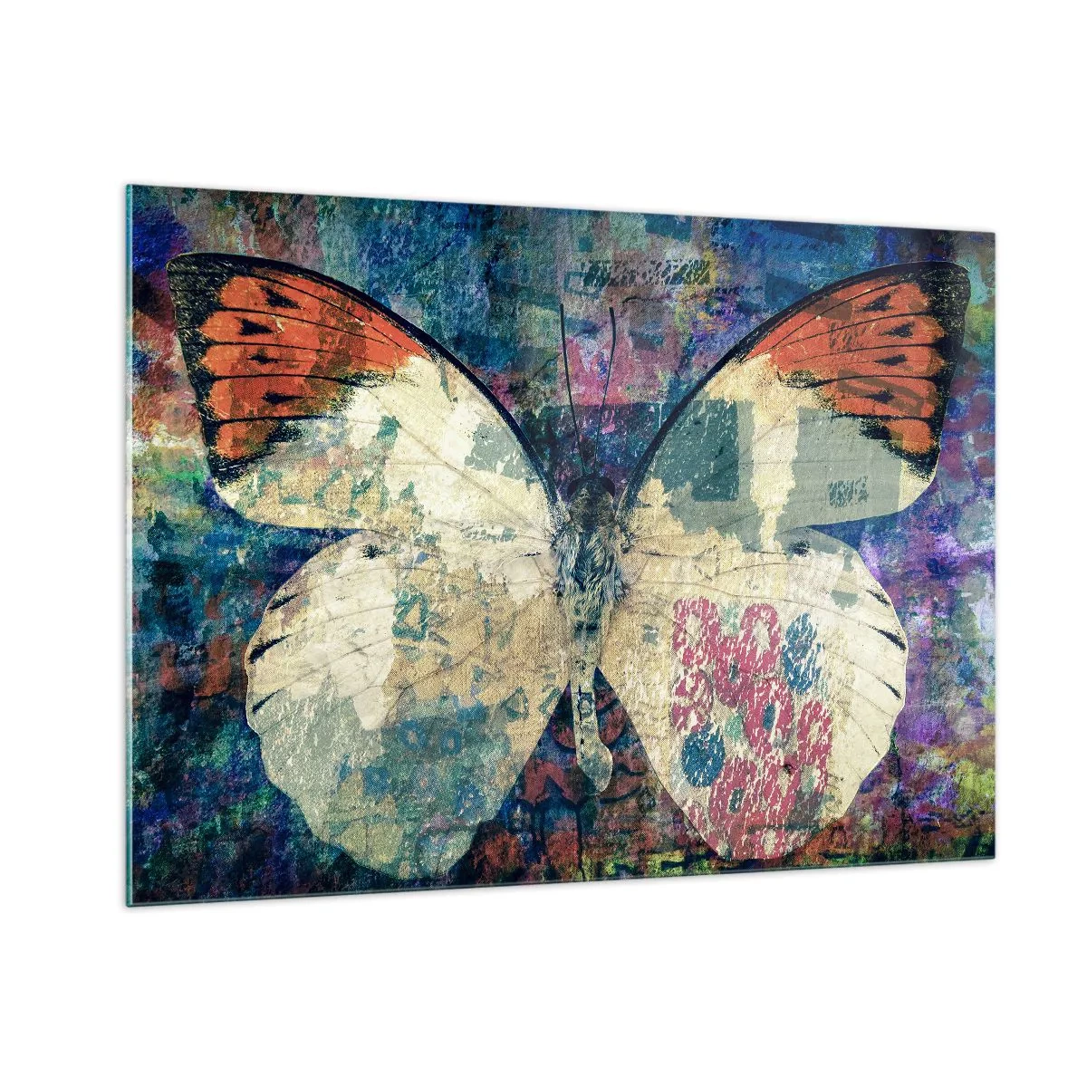 Glasbild - Bild auf glas - Ein bunter Schmetterling auf einem abstrakten Hintergrund in Blau- und Orangetönen. - 100x70cm - Subtile Zerbrechlichkeit - Moderne Wanddekoration für Wohnzimmer und Schlafzimmer ARTTOR