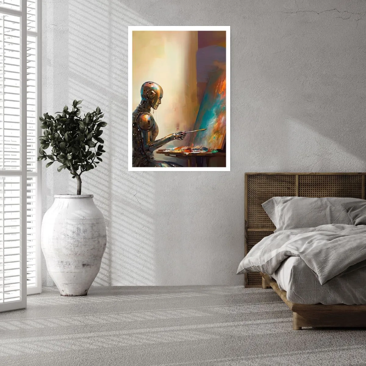 Poster - Robotermaler an einer Staffelei im futuristischen Stil - 50x70cm - Die Kunst der Zukunft - Moderne Wanddekoration für Wohnzimmer und Schlafzimmer ARTTOR