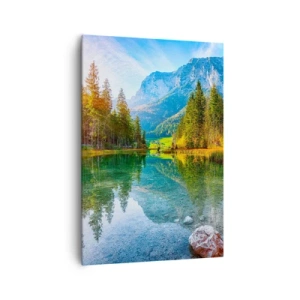 Bild auf Leinwand - Leinwandbild - Ein malerischer See, umgeben von Bergen und Wäldern - 70x100cm - Die Sanftheit des Herbstes - Moderne Wanddekoration für Wohnzimmer und Schlafzimmer ARTTOR