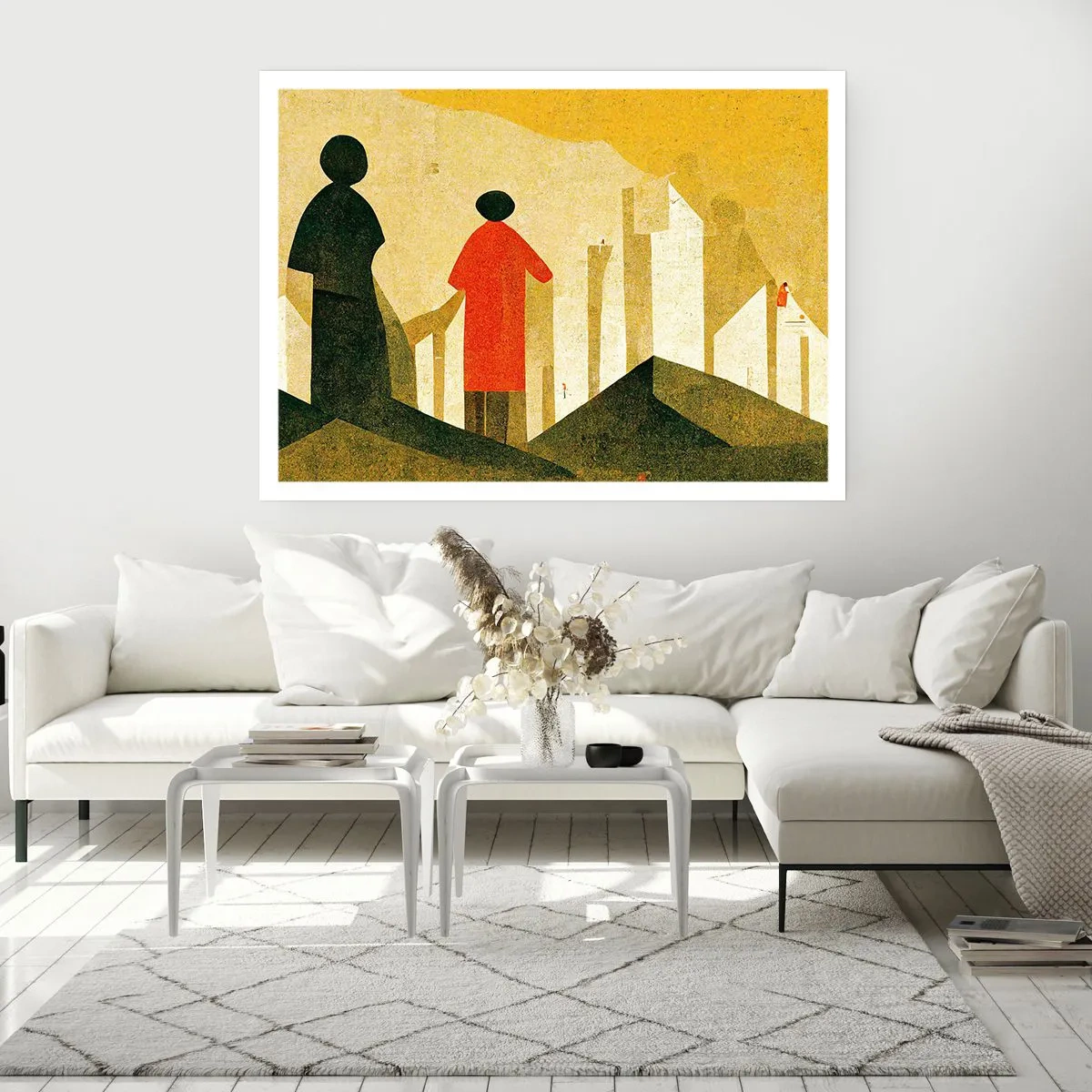 Poster - Geometrische Silhouetten in Rot und Grün auf gelbem Hintergrund - 100x70cm - Es ist noch ein langer Weg - Moderne Wanddekoration für Wohnzimmer und Schlafzimmer ARTTOR