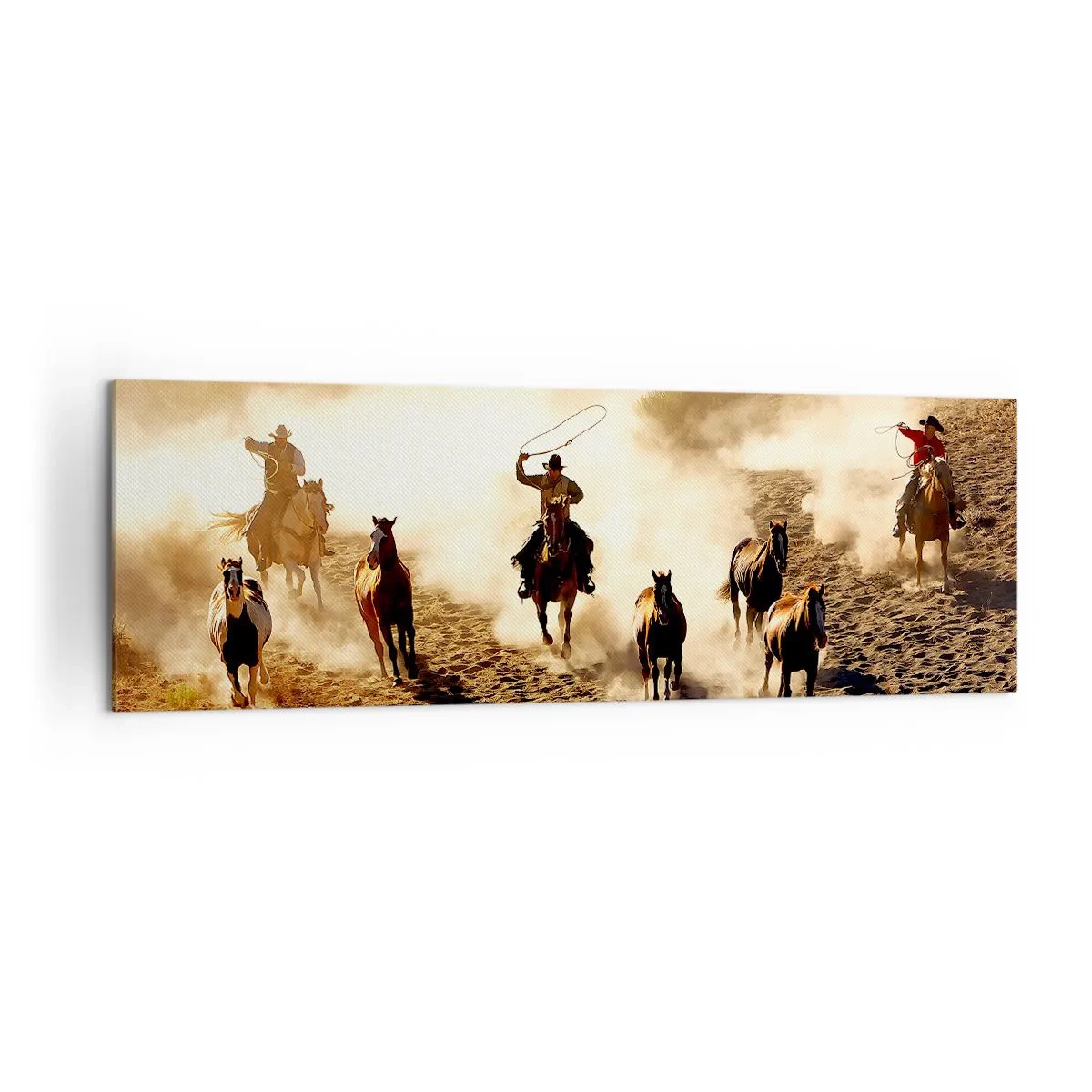 Bild auf Leinwand - Leinwandbild - Cowboys zu Pferd in Aktion im Wüstengelände - 160x50cm - Wirklich wilder Westen - Moderne Wanddekoration für Wohnzimmer und Schlafzimmer ARTTOR
