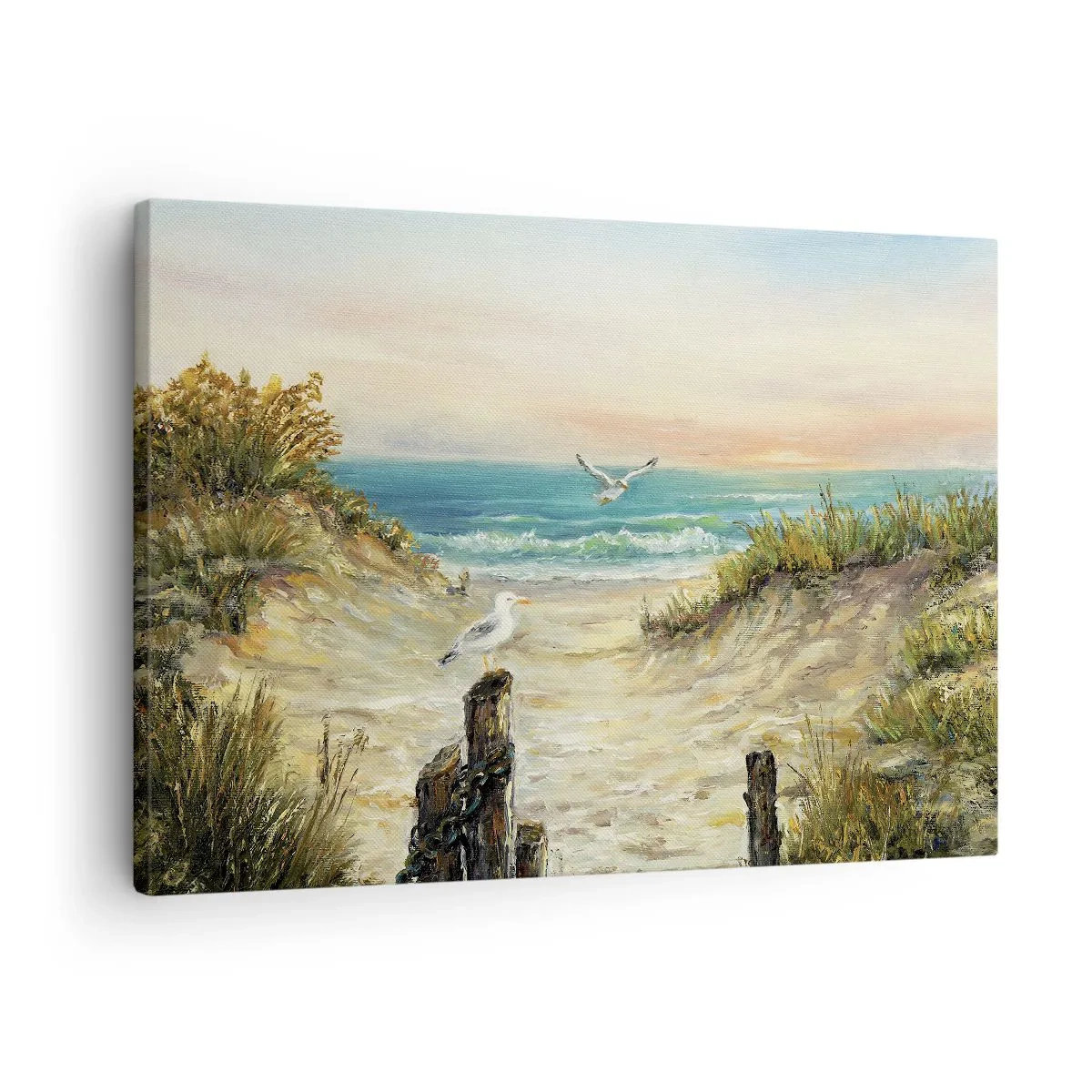 Bild auf Leinwand - Leinwandbild - Küste mit Möwen und Dünen bei Sonnenuntergang - 70x50cm - Windlose Abgeschiedenheit - Moderne Wanddekoration für Wohnzimmer und Schlafzimmer ARTTOR