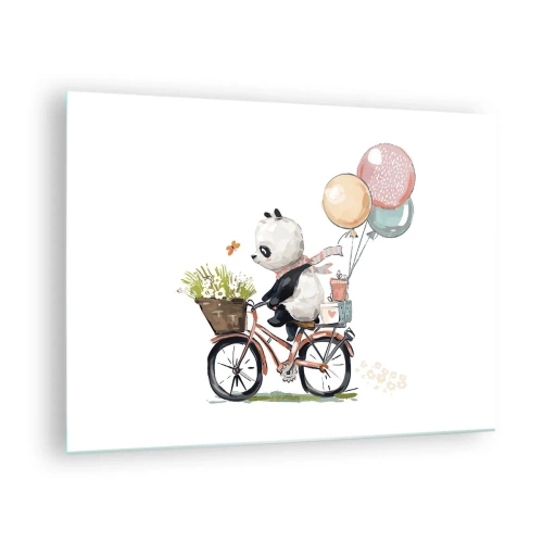 Glasbild - Bild auf glas - Ein Panda auf einem Fahrrad mit Luftballons und einem Blumenkorb. - 70x50cm - Glücklicher Tag - Moderne Wanddekoration für Wohnzimmer und Schlafzimmer ARTTOR