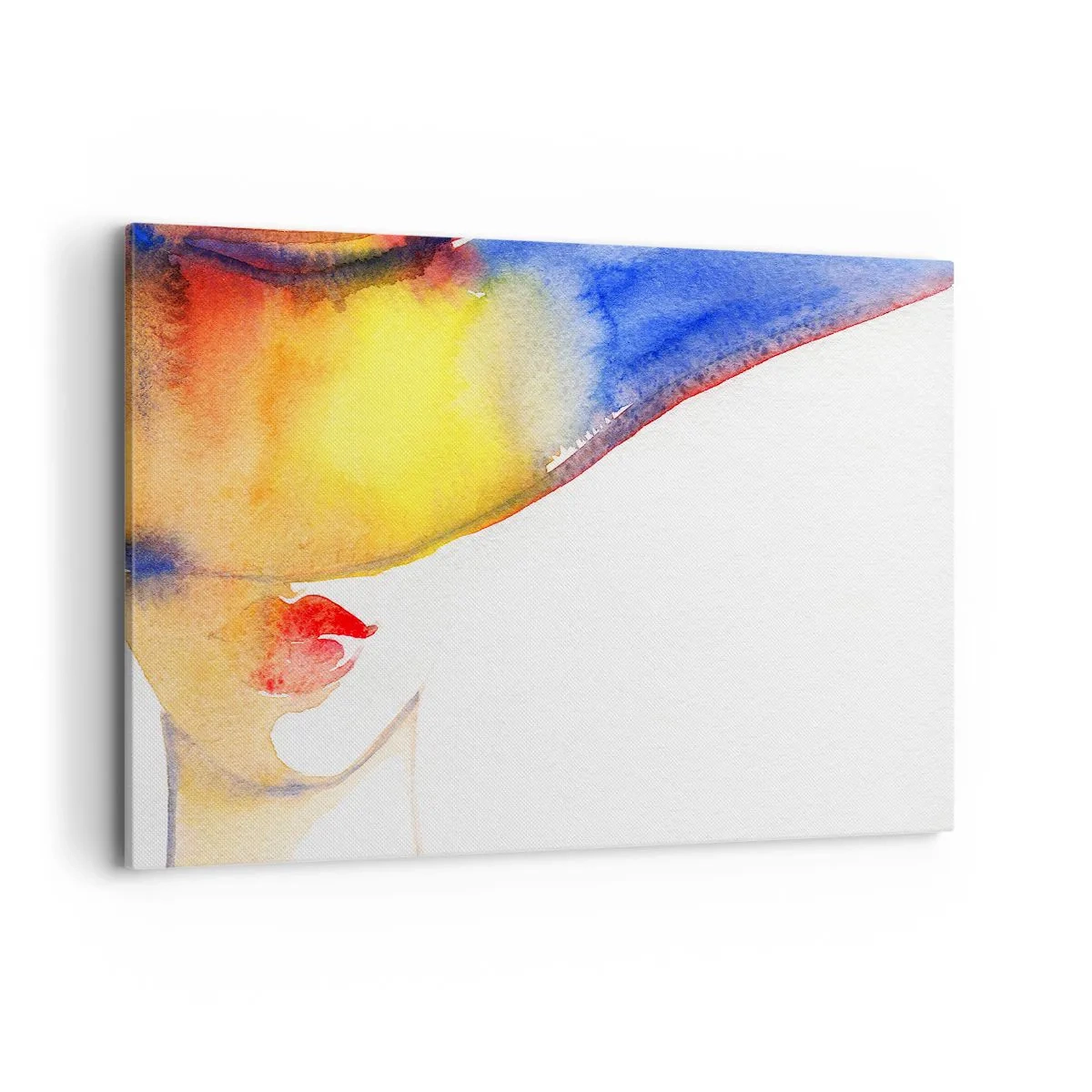Bild auf Leinwand - Leinwandbild - Ein minimalistisches Aquarellgemälde des Profils einer Frau mit einem bunten Hut. - 120x80cm - Bildnis einer Dame - Moderne Wanddekoration für Wohnzimmer und Schlafzimmer ARTTOR