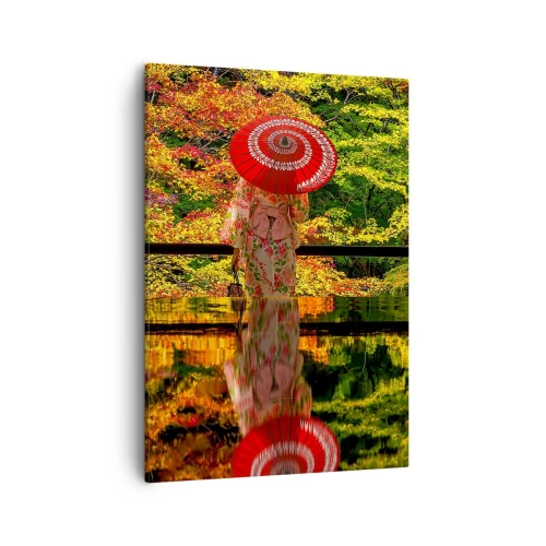 Bild auf Leinwand - Leinwandbild - Eine Frau im Kimono mit Regenschirm vor dem Hintergrund einer Herbstlandschaft. - 50x70cm - Im Tempel der Natur - Moderne Wanddekoration für Wohnzimmer und Schlafzimmer ARTTOR