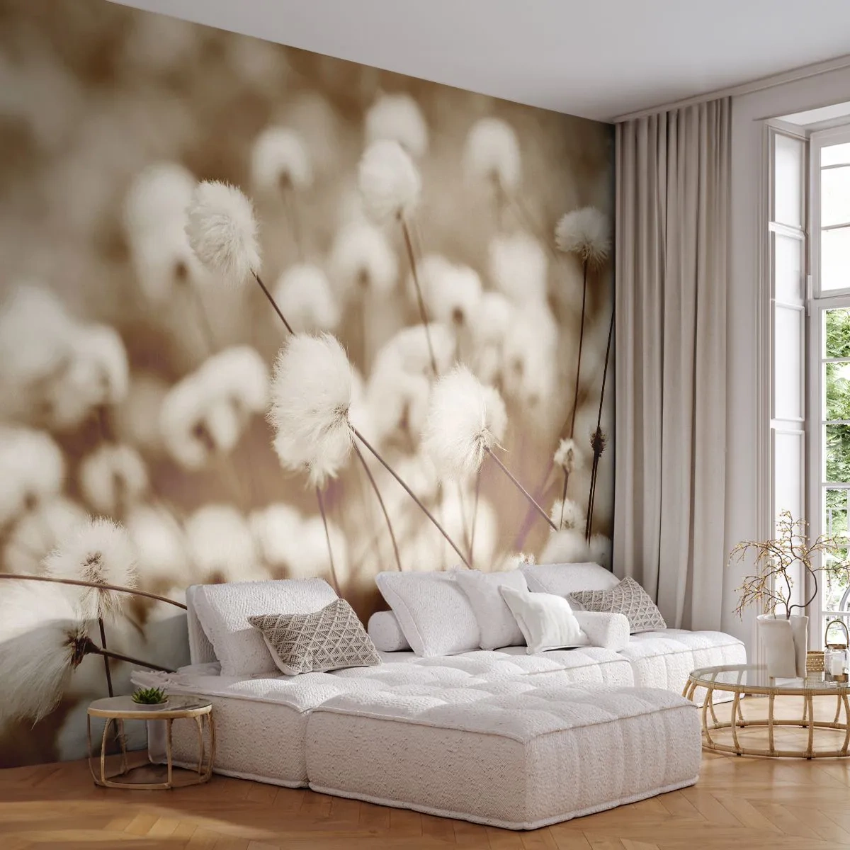 Fototapete Premium Sand - Flauschiges Kornfeld - Baumwollblume, Blume, Baumwollzweig - 400x280 cm