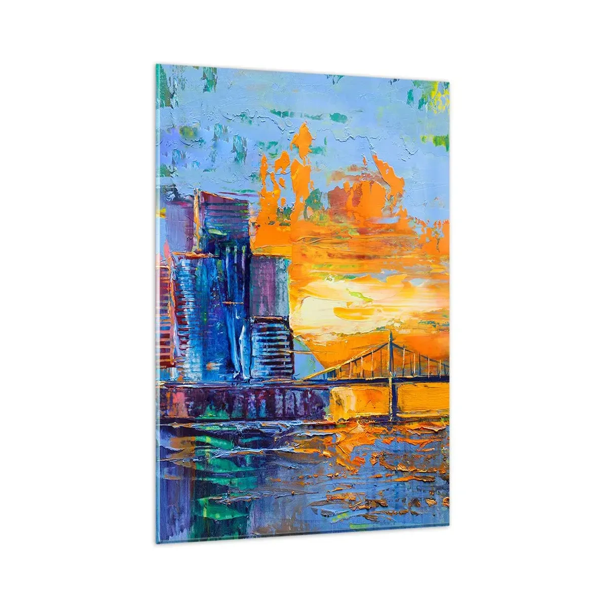 Glasbild - Bild auf glas - Eine farbenfrohe Stadt mit einer Brücke in der untergehenden Sonne - 80x120cm - Kultur und Natur - Moderne Wanddekoration für Wohnzimmer und Schlafzimmer ARTTOR