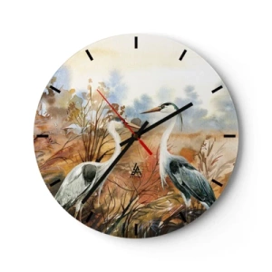 Wanduhr - Glasuhr - Zwei Kraniche in einer herbstlichen Aquarelllandschaft - 30x30cm - Wohin im Herbst? - Moderne Wanddekoration für Wohnzimmer, Küche und Schlafzimmer ARTTOR
