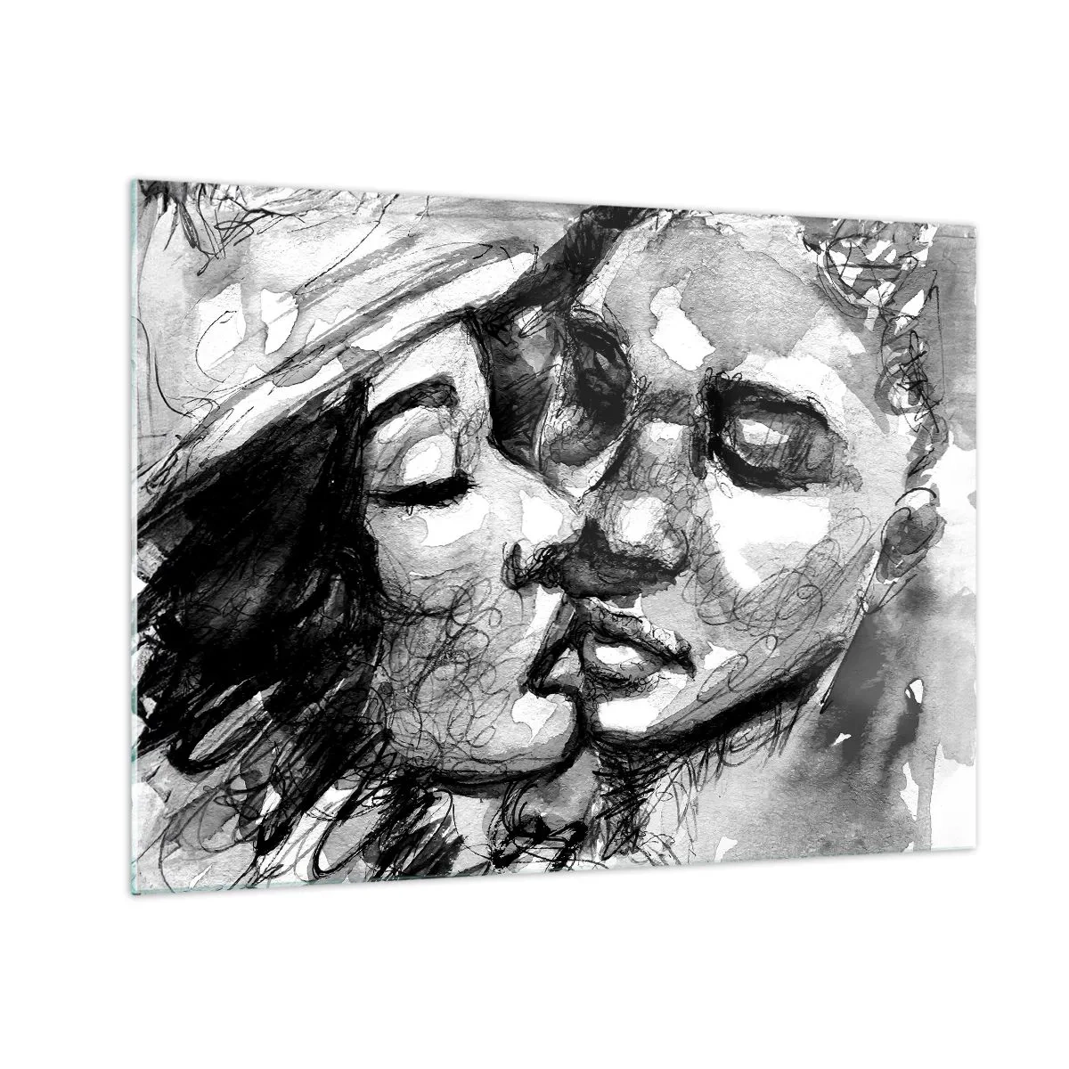 Glasbild - Bild auf glas - Schwarz-Weiß-Skizze eines zärtlichen Kusses - 70x50cm - Zärtlicher Moment - Moderne Wanddekoration für Wohnzimmer und Schlafzimmer ARTTOR