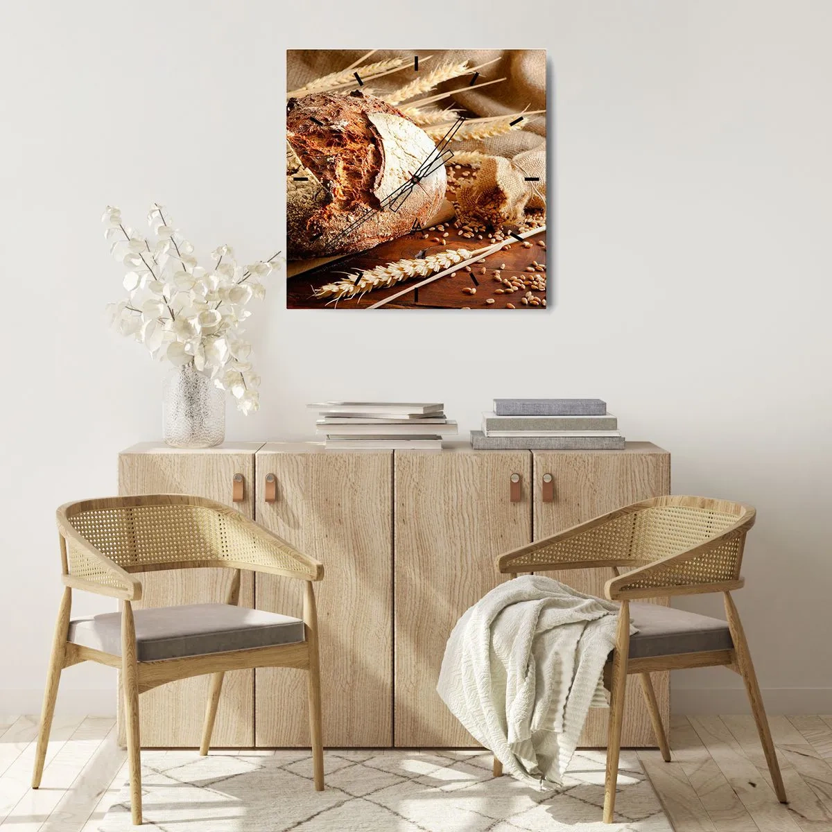 Wanduhr - Glasuhr - Knuspriges Brot mit Körnern und Weizenähren auf Holzhintergrund - 30x30cm - Appetitanregend, duftend, knackig - Moderne Wanddekoration für Wohnzimmer und Schlafzimmer ARTTOR