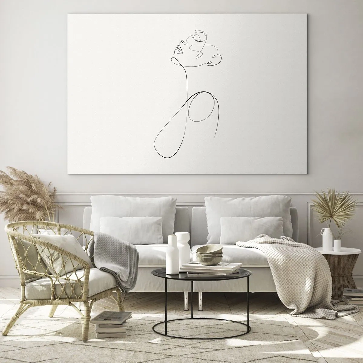 Glasbild - Bild auf glas - Weibliches Gesicht und Silhouette im Line-Art-Stil auf weißem Hintergrund - 70x50cm - Versunken in Träumen - Moderne Wanddekoration für Wohnzimmer und Schlafzimmer ARTTOR
