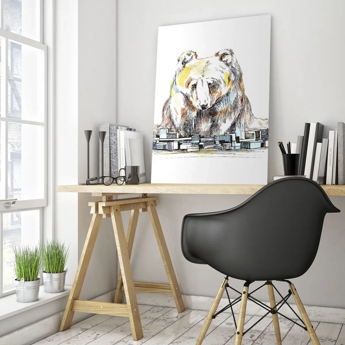 Glasbild - Bild auf glas - Illustration eines Bären mit bunten Details und Blöcken - 80x120cm - Wie kann man so leben? - Moderne Wanddekoration für Wohnzimmer und Schlafzimmer ARTTOR