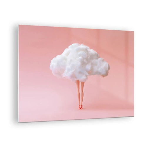 Glasbild - Bild auf glas - Eine Frauenfigur mit einer Wolke anstelle eines Kleides vor einem pastellrosa Hintergrund. - 70x50cm - Süßes Versprechen - Moderne Wanddekoration für Wohnzimmer und Schlafzimmer ARTTOR