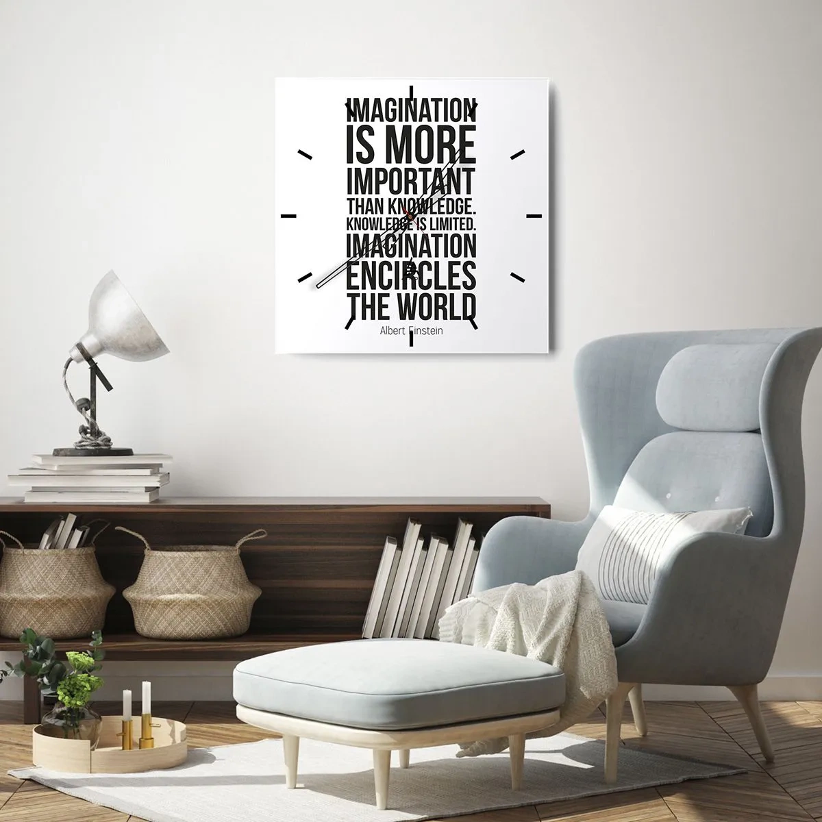 Wanduhr - Glasuhr - Einstein über die Kraft der Vorstellungskraft - 40x40 cm