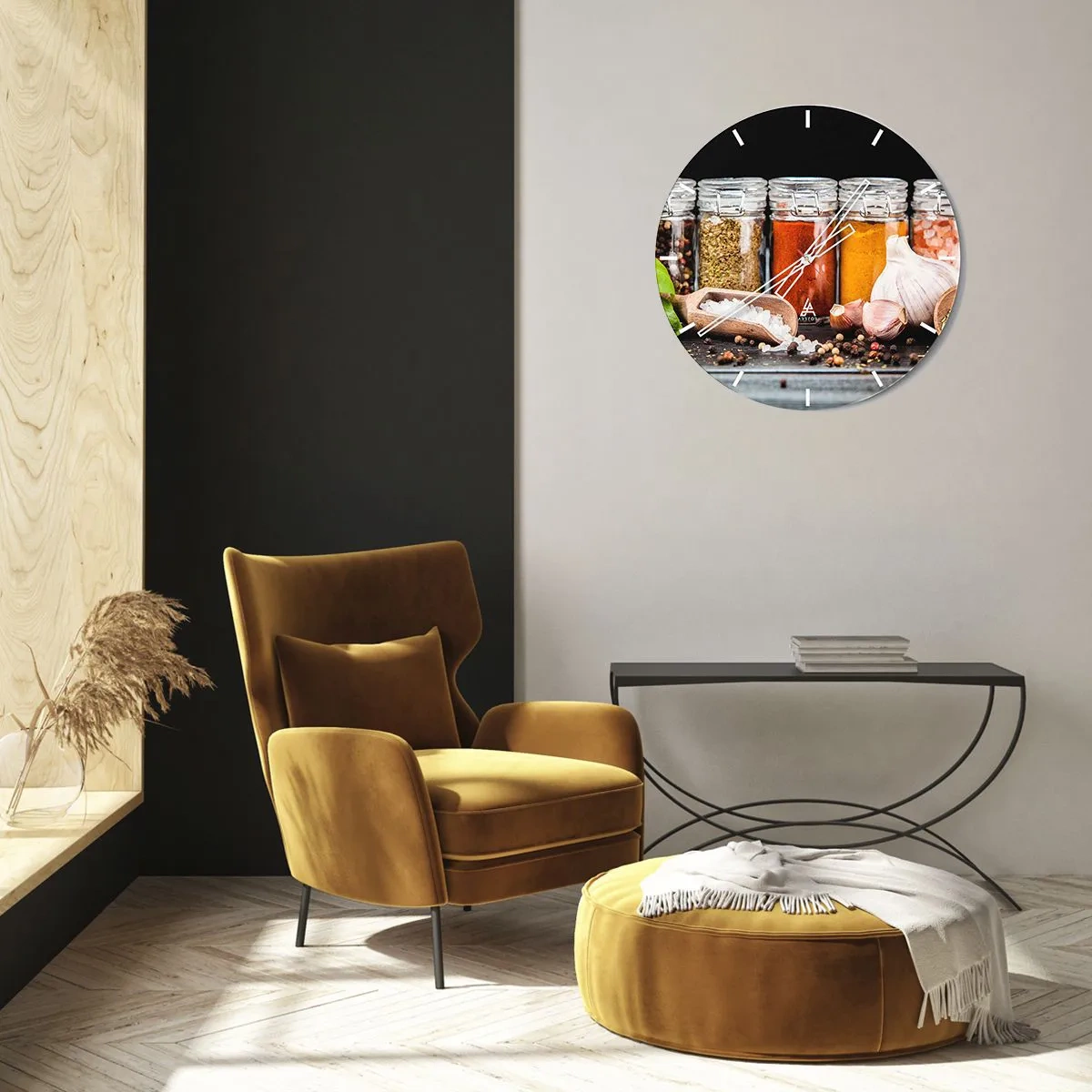 Wanduhr - Glasuhr - Bunte Gewürze in Gläsern und Küchenzubehör - 30x30cm - Für einen Geschmack des Lebens - Moderne Wanddekoration für Wohnzimmer, Küche und Schlafzimmer ARTTOR