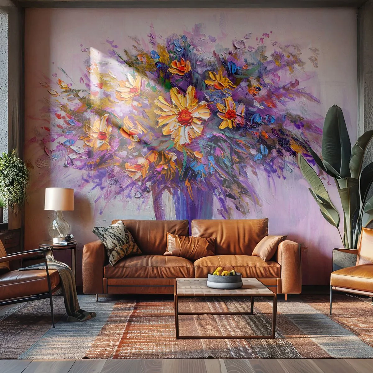Fototapete Premium Sand - Ein Blumenstrauß in einer violetten Vase, gemalt im impressionistischen Stil. - 100x70cm - Es riecht süß, sieht süß aus - Moderne Wanddekoration für Wohnzimmer und Schlafzimmer ARTTOR