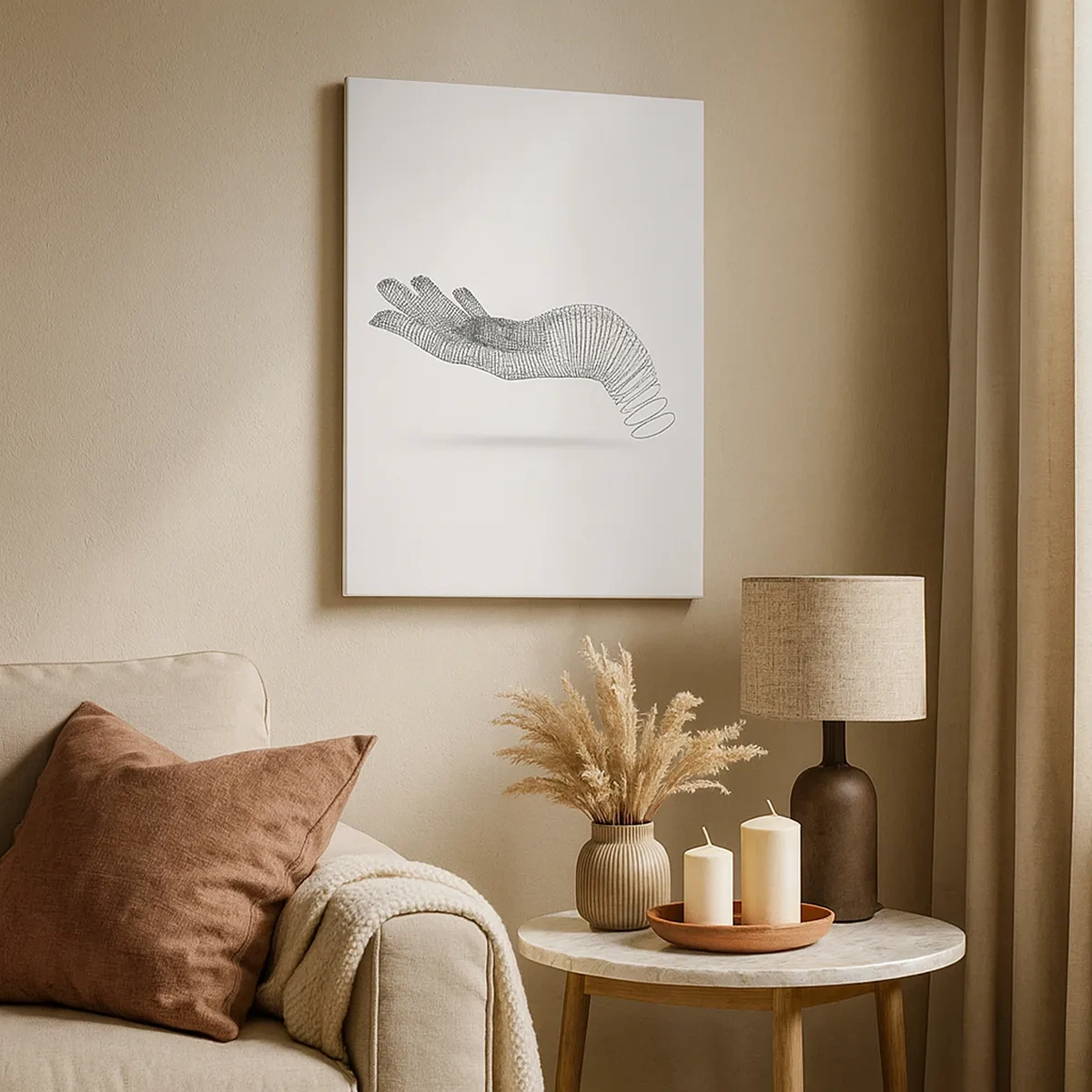 Bild auf Leinwand - Leinwandbild - Eine minimalistische Illustration einer Hand aus schwarzen Punkten auf weißem Hintergrund. - 50x70cm - Federnde Hand - Moderne Wanddekoration für Wohnzimmer und Schlafzimmer ARTTOR