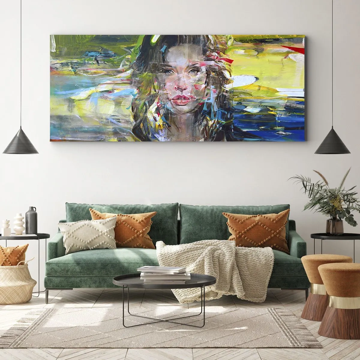 Bild auf Leinwand - Leinwandbild - Abstraktes Frauenporträt in intensiven Farben - 120x50cm - Hinter der Luft ein Vorhang - Moderne Wanddekoration für Wohnzimmer und Schlafzimmer ARTTOR