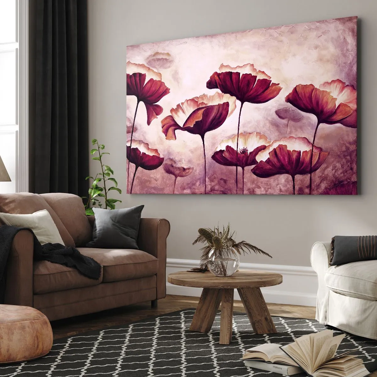 Bild auf Leinwand - Leinwandbild - Blumen in Rot- und Weißtönen auf dezentem Hintergrund - 70x50cm - Rotes und weißes Blütenblatt - Moderne Wanddekoration für Wohnzimmer und Schlafzimmer ARTTOR