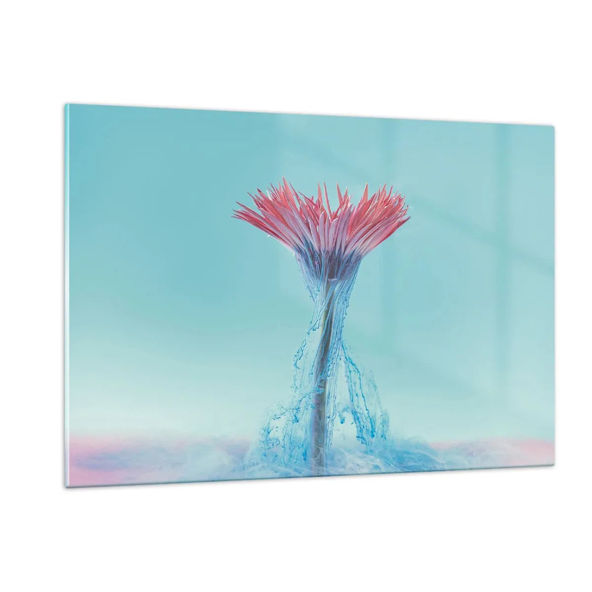 Glasbild - Bild auf glas - Eine phantasievolle Blume, eingetaucht in einen blauen und rosa Dunst - 120x80cm - In einer belebenden Umarmung - Moderne Wanddekoration für Wohnzimmer und Schlafzimmer ARTTOR