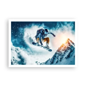 Poster - Ein Snowboarder fliegt über schneebedeckte Berge - 100x70cm - Extreme Emotionen - Moderne Wanddekoration für Wohnzimmer und Schlafzimmer ARTTOR