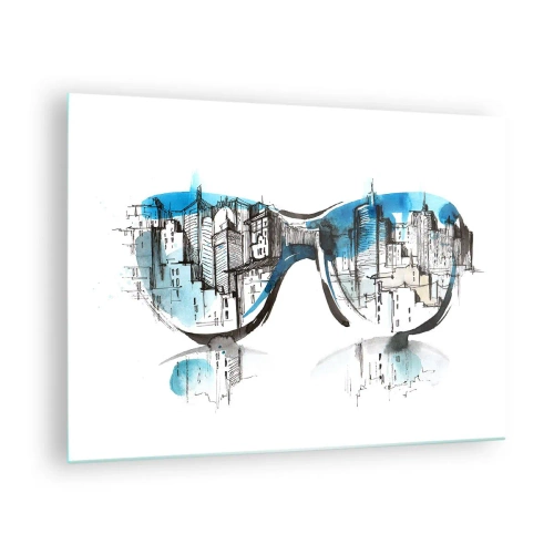 Glasbild - Bild auf glas - Das Stadtpanorama spiegelt sich in der Sonnenbrille - 70x50cm - Großstadt-Chic - Moderne Wanddekoration für Wohnzimmer und Schlafzimmer ARTTOR