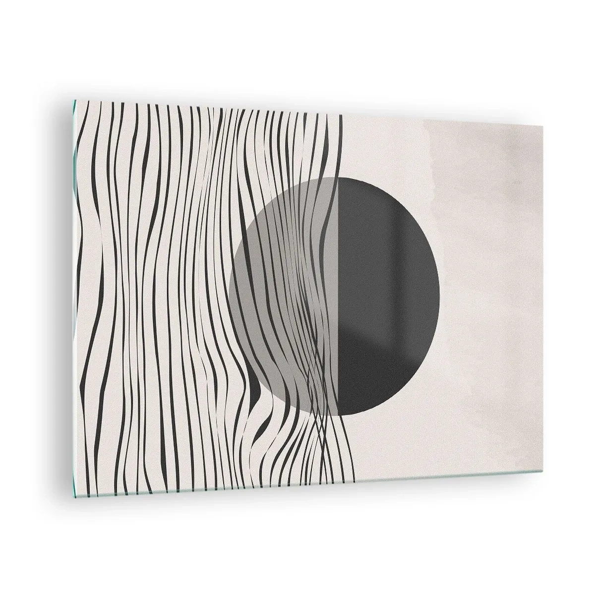 Glasbild - Bild auf glas - Schwarze Wellen und ein Kreis auf beigem Hintergrund - 70x50cm - Halbe Komposition - Moderne Wanddekoration für Wohnzimmer und Schlafzimmer ARTTOR