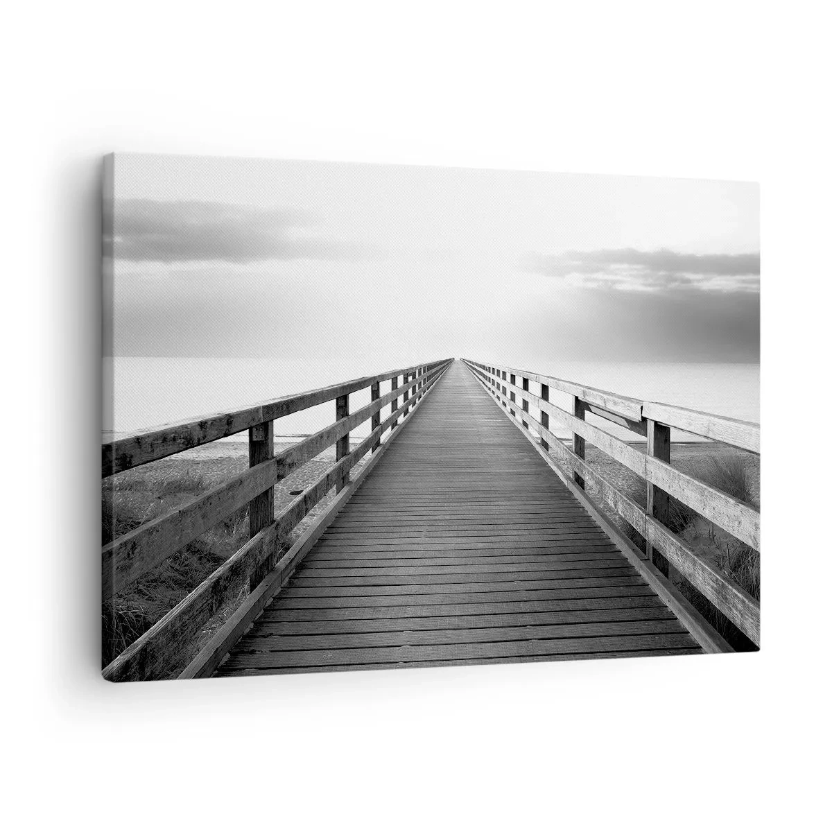 Bild auf Leinwand - Leinwandbild - Ein Schwarzweißbild eines Holzstegs, der zum Horizont führt. - 70x50cm - In die Ferne ... - Moderne Wanddekoration für Wohnzimmer und Schlafzimmer ARTTOR