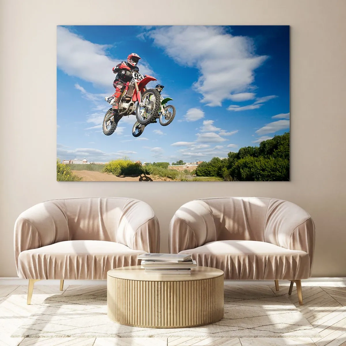 Glasbild - Bild auf glas - Ein Motorradrennfahrer im Flug vor blauem Himmel - 100x70cm - Himmelssprung - Moderne Wanddekoration für Wohnzimmer und Schlafzimmer ARTTOR