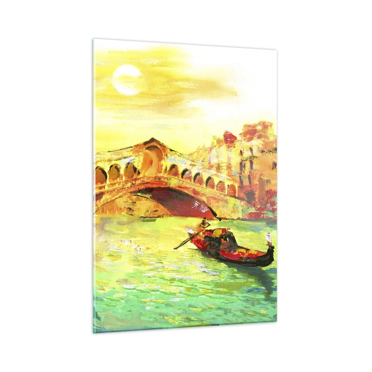 Glasbild - Bild auf glas - Kanal mit Gondel und Brücke in den Strahlen der untergehenden Sonne - 50x70cm - Eine Pilgerreise der Liebenden - Moderne Wanddekoration für Wohnzimmer und Schlafzimmer ARTTOR
