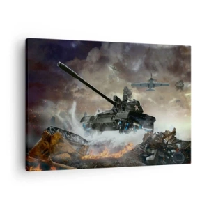 Bild auf Leinwand - Leinwandbild - Kampfszene mit Panzern und Flugzeugen im Hintergrund - 70x50cm - Der Kampf ist schrecklich und schön - Moderne Wanddekoration für Wohnzimmer und Schlafzimmer ARTTOR