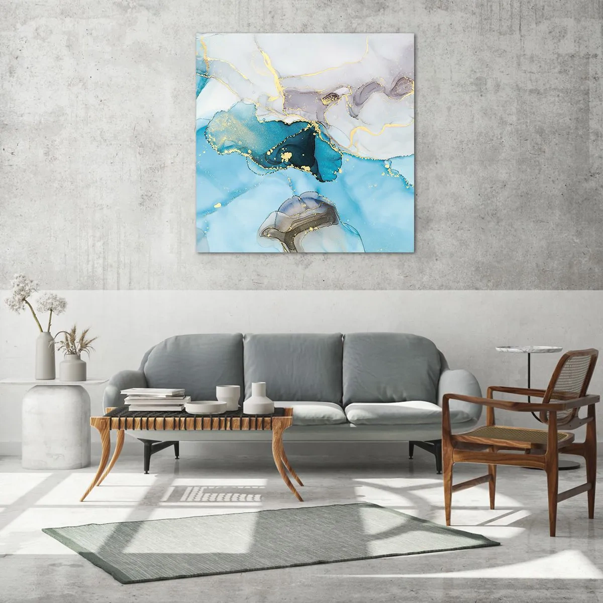 Glasbild - Bild auf glas - Eine Studie über das Zusammentreffen von Grau und Türkis - 60x60 cm