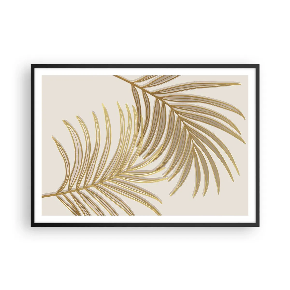 Poster in einem schwarzem Rahmen - Goldene Palmblätter auf hellem Hintergrund im minimalistischen Stil - 100x70cm - Goldene Palme! - Moderne Wanddekoration für Wohnzimmer und Schlafzimmer ARTTOR