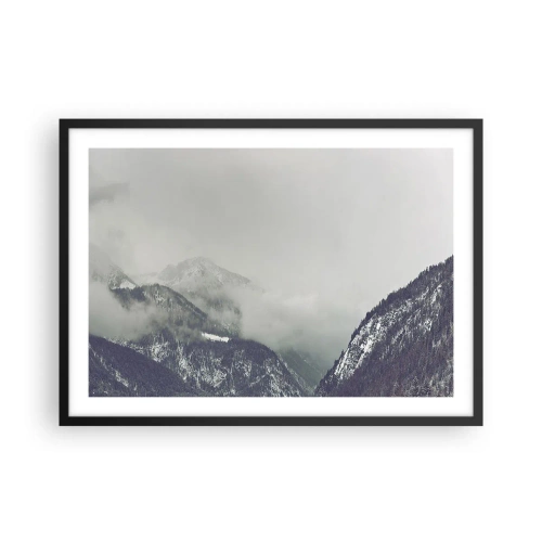 Poster in einem schwarzem Rahmen - Ein in Nebel gehülltes Bergtal in Grautönen - 70x50cm - Nebliges Tal - Moderne Wanddekoration für Wohnzimmer und Schlafzimmer ARTTOR