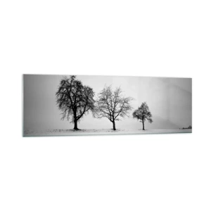 Glasbild - Bild auf glas - Drei Bäume auf einem schneebedeckten Feld im monochromen Stil - 160x50cm - Wovon träumen sie? - Moderne Wanddekoration für Wohnzimmer und Schlafzimmer ARTTOR