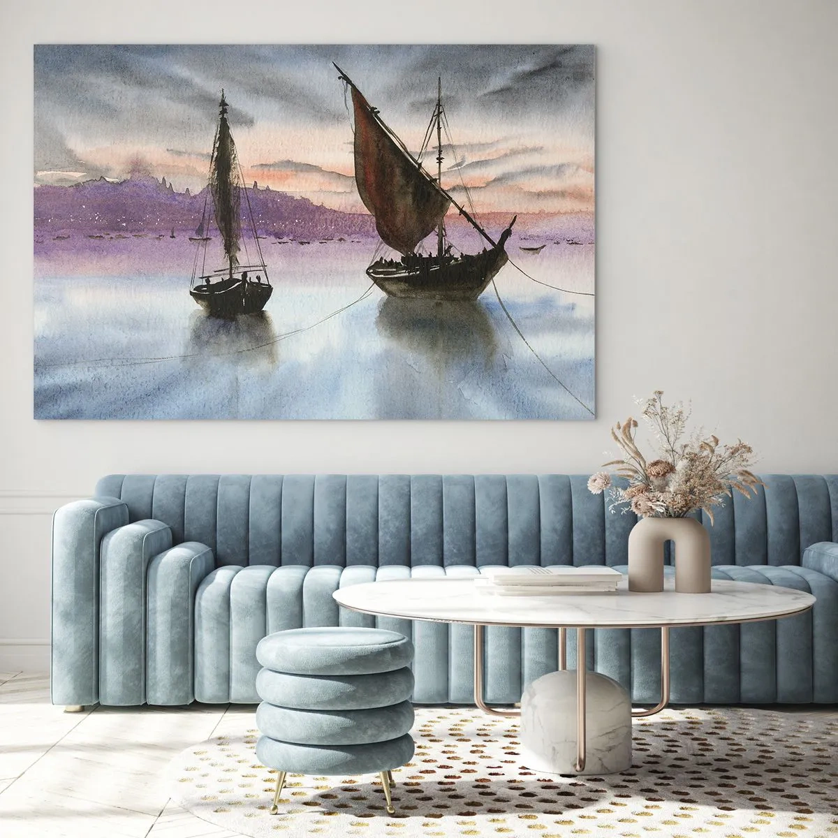 Glasbild - Bild auf glas - Zwei Segelboote auf ruhigem Wasser bei Sonnenuntergang - 100x70cm - Abend am Hafen - Moderne Wanddekoration für Wohnzimmer und Schlafzimmer ARTTOR