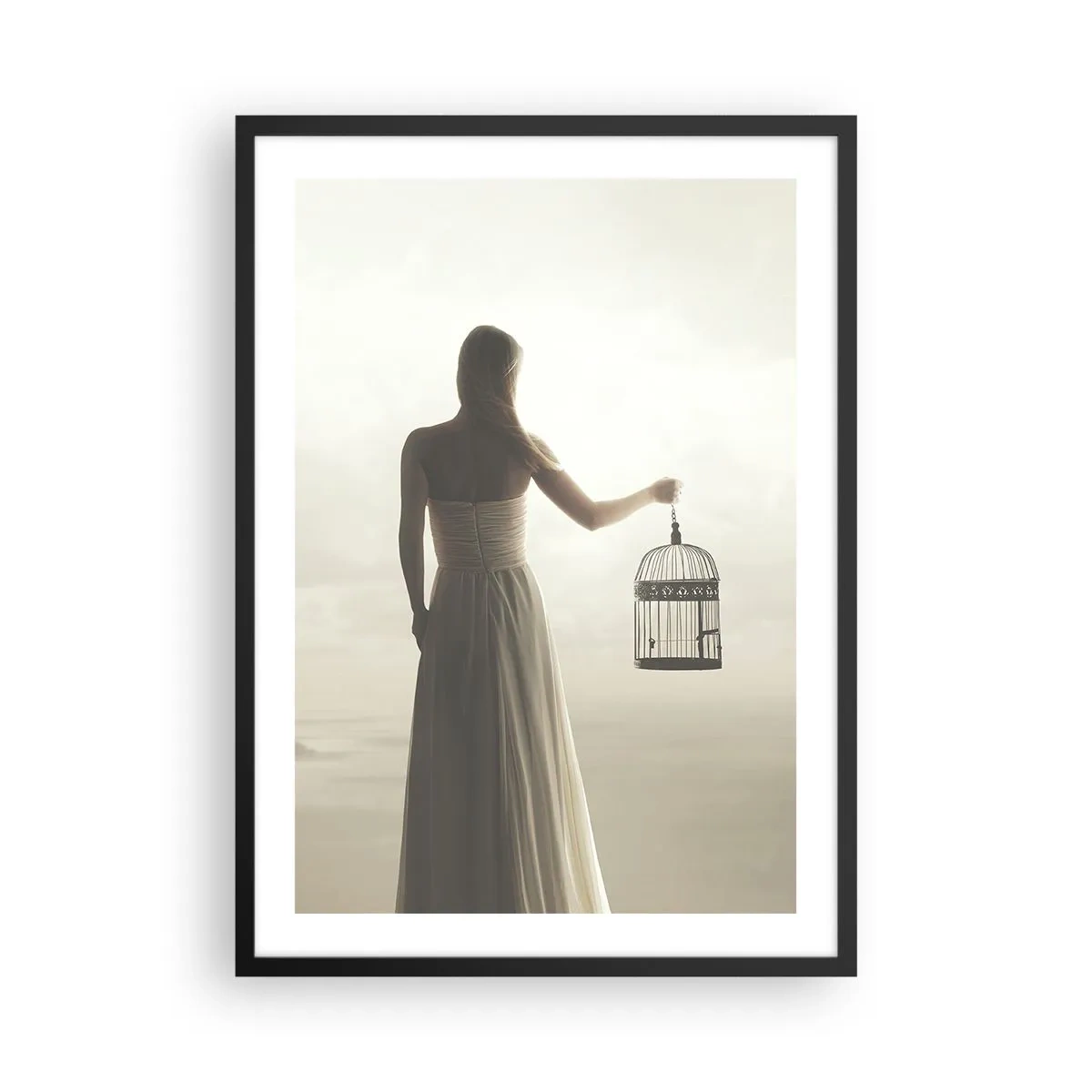 Poster in einem schwarzem Rahmen - Eine Frau mit einem Käfig vor einer nebligen Landschaft - 50x70cm - Sei frei - Moderne Wanddekoration für Wohnzimmer und Schlafzimmer ARTTOR