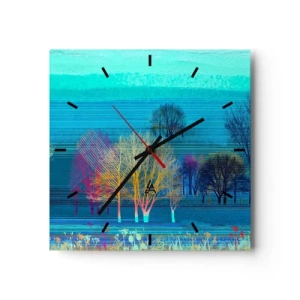 Wanduhr - Glasuhr - Bunte Bäume vor einer blauen, minimalistischen Landschaft - 30x30cm - Eine gekämmte Landschaft - Moderne Wanddekoration für Wohnzimmer und Schlafzimmer ARTTOR