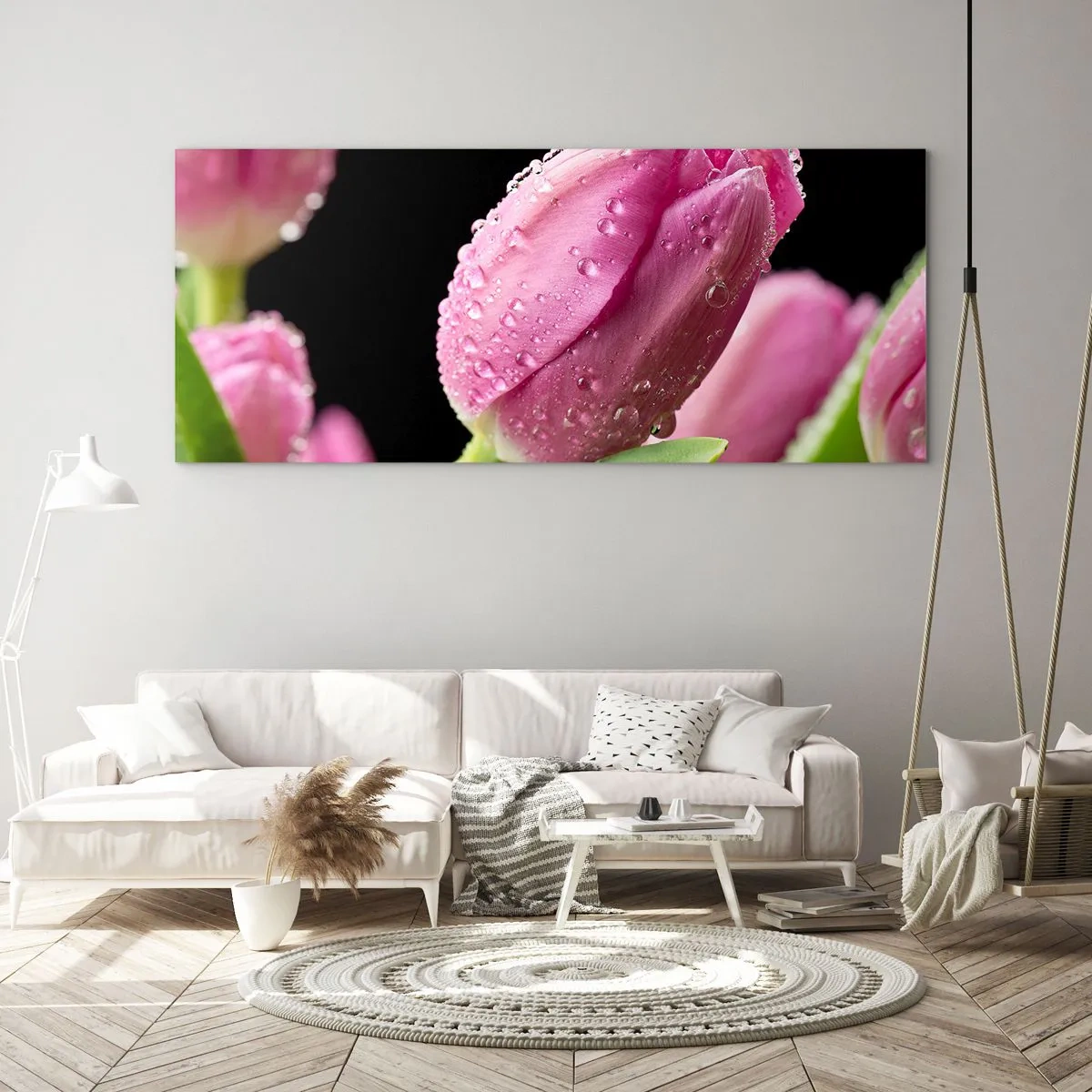 Glasbild - Bild auf glas - Rosa Tulpe mit Wassertropfen auf schwarzem Hintergrund - 160x50cm - Lila Traum im Tau - Moderne Wanddekoration für Wohnzimmer und Schlafzimmer ARTTOR
