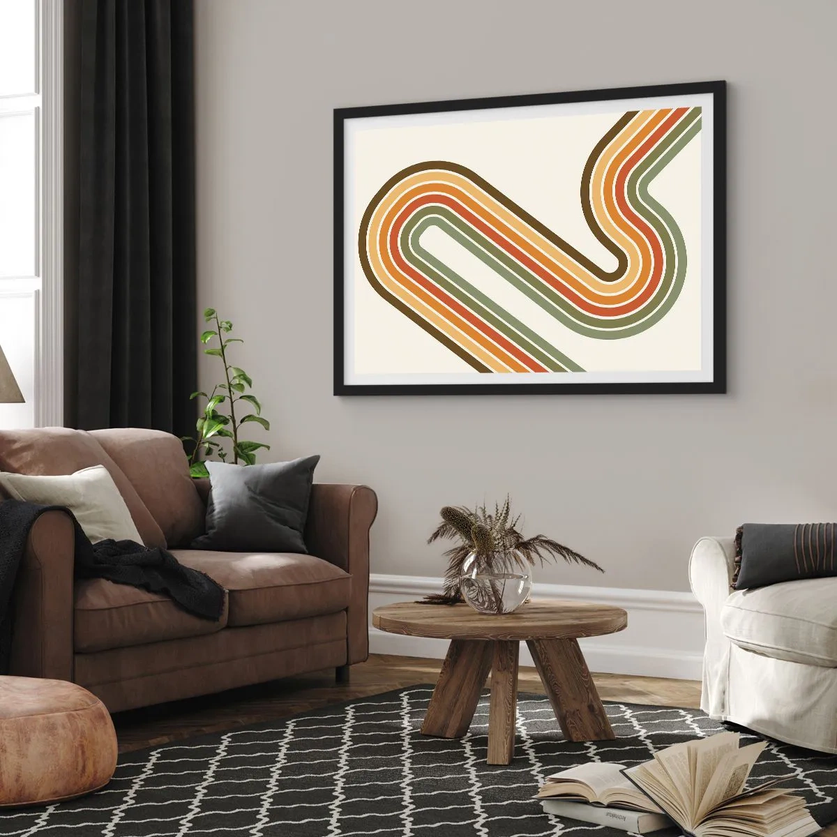 Poster in einem schwarzem Rahmen - Geometrisches Muster in Grün-, Orange- und Beigetönen auf hellem Hintergrund - 100x70cm - Zickzack zum Ziel - Moderne Wanddekoration für Wohnzimmer und Schlafzimmer ARTTOR