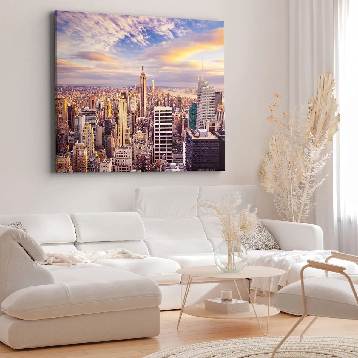 Bild auf Leinwand - Leinwandbild - Panorama einer modernen Stadt mit Wolkenkratzern bei Sonnenuntergang - 70x50cm - Nur nach den Wolken greifen - Moderne Wanddekoration für Wohnzimmer und Schlafzimmer ARTTOR